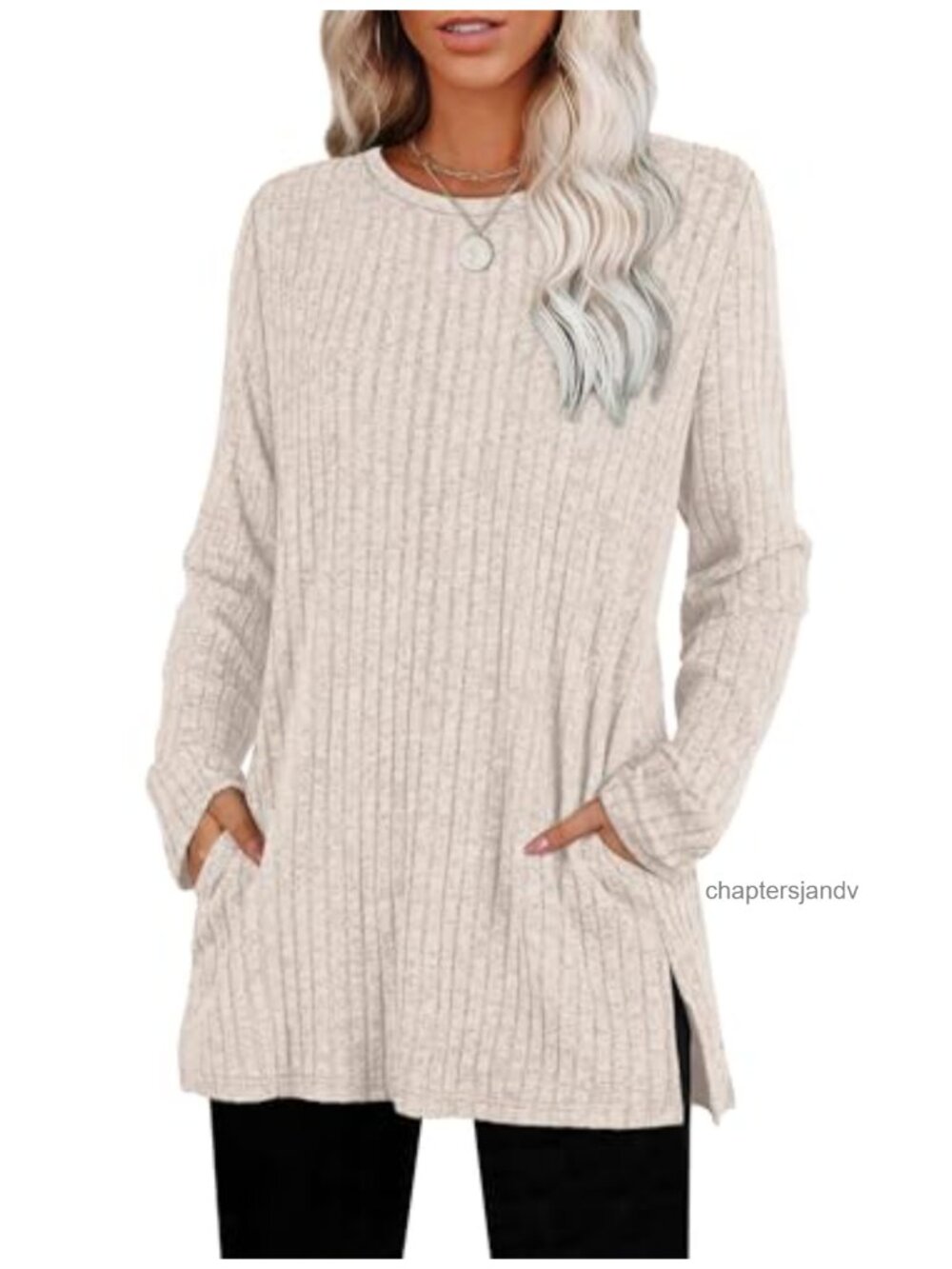 Women's Long Sleeve Tunic Sweater with Pockets Crewneck Side Slit